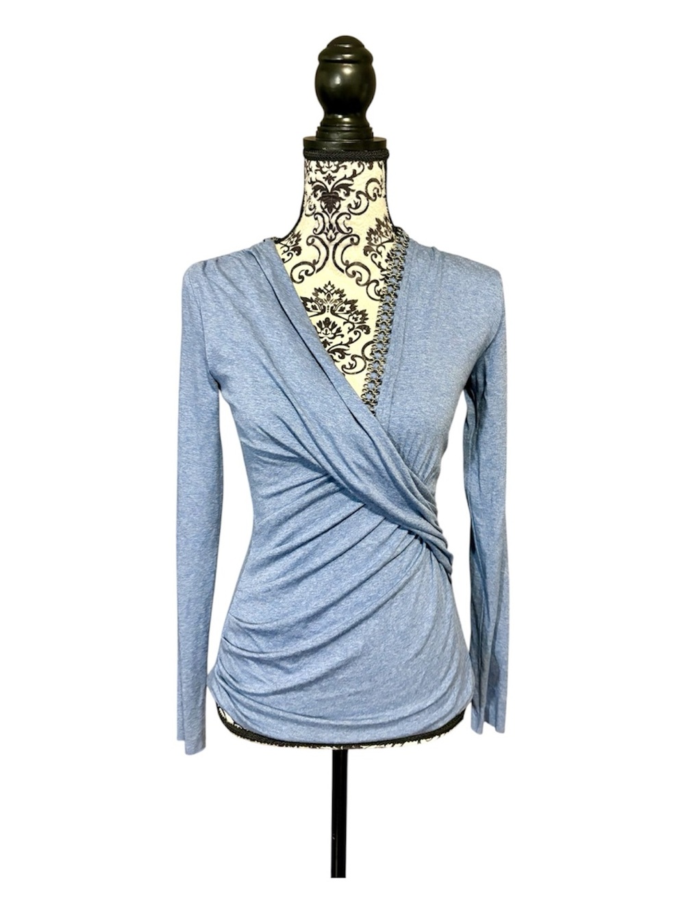 Bailey 44 Light Blue Ruched Wrap-Front Top with Chain Detail